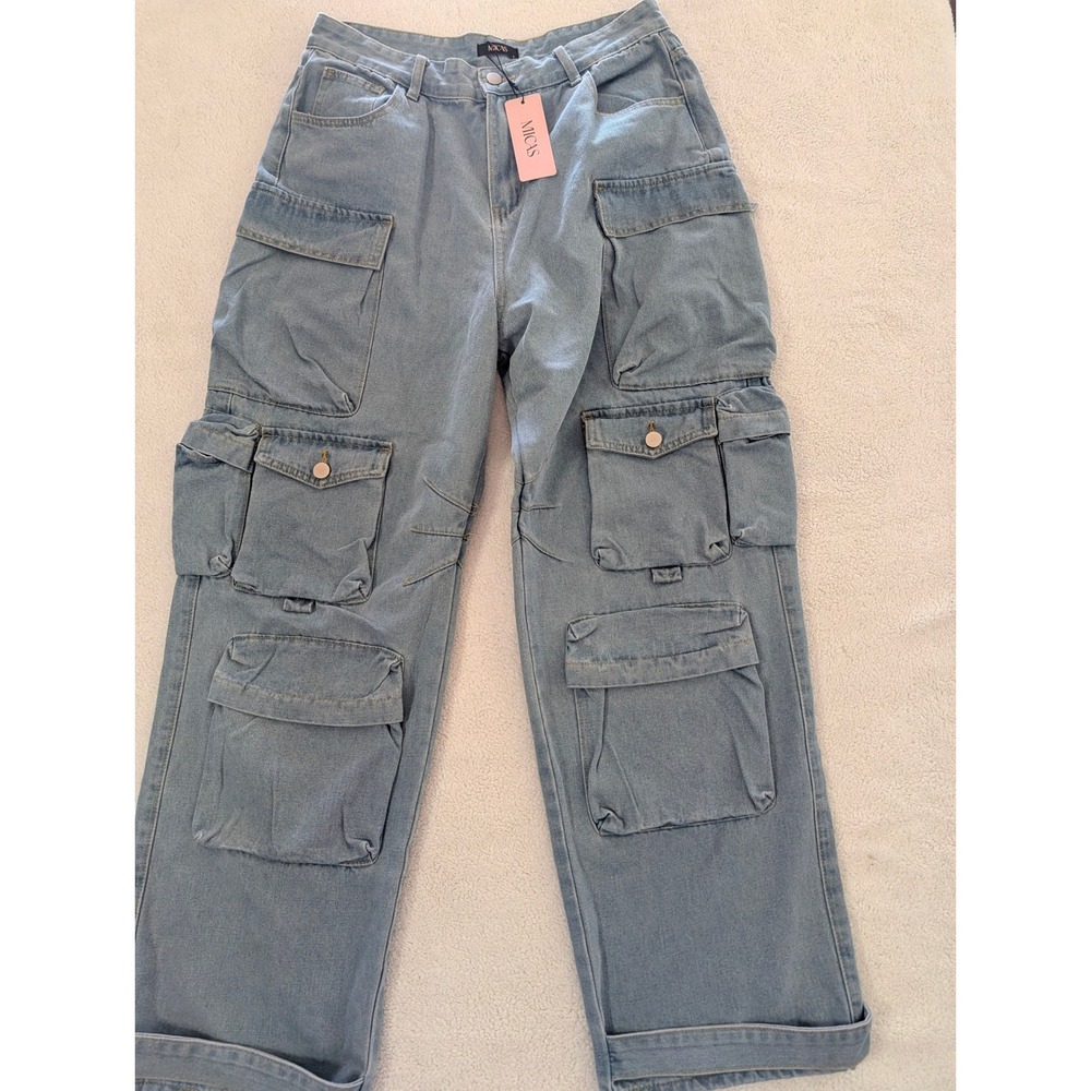 MICAS Light Wash Multi Pocket Cargo Wide Leg Jeans Light Blue Women Size L NEW